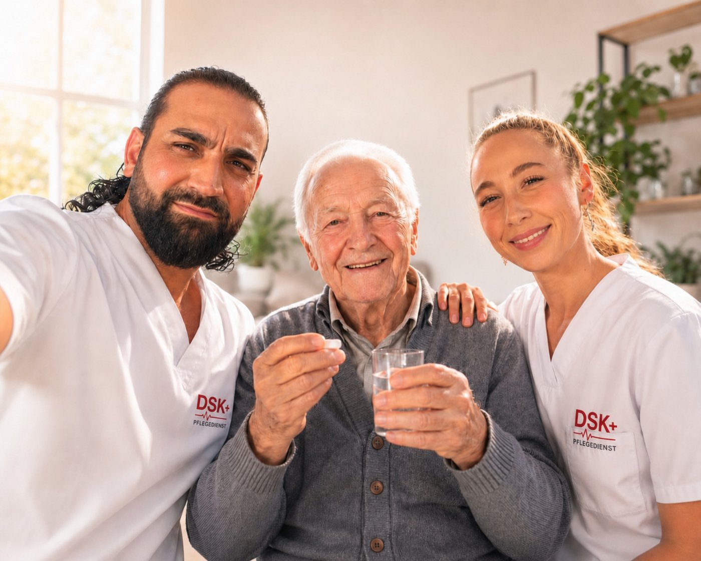Das Team von DSK+ Pflegedienst mit einem lächelnden Klienten zu Hause